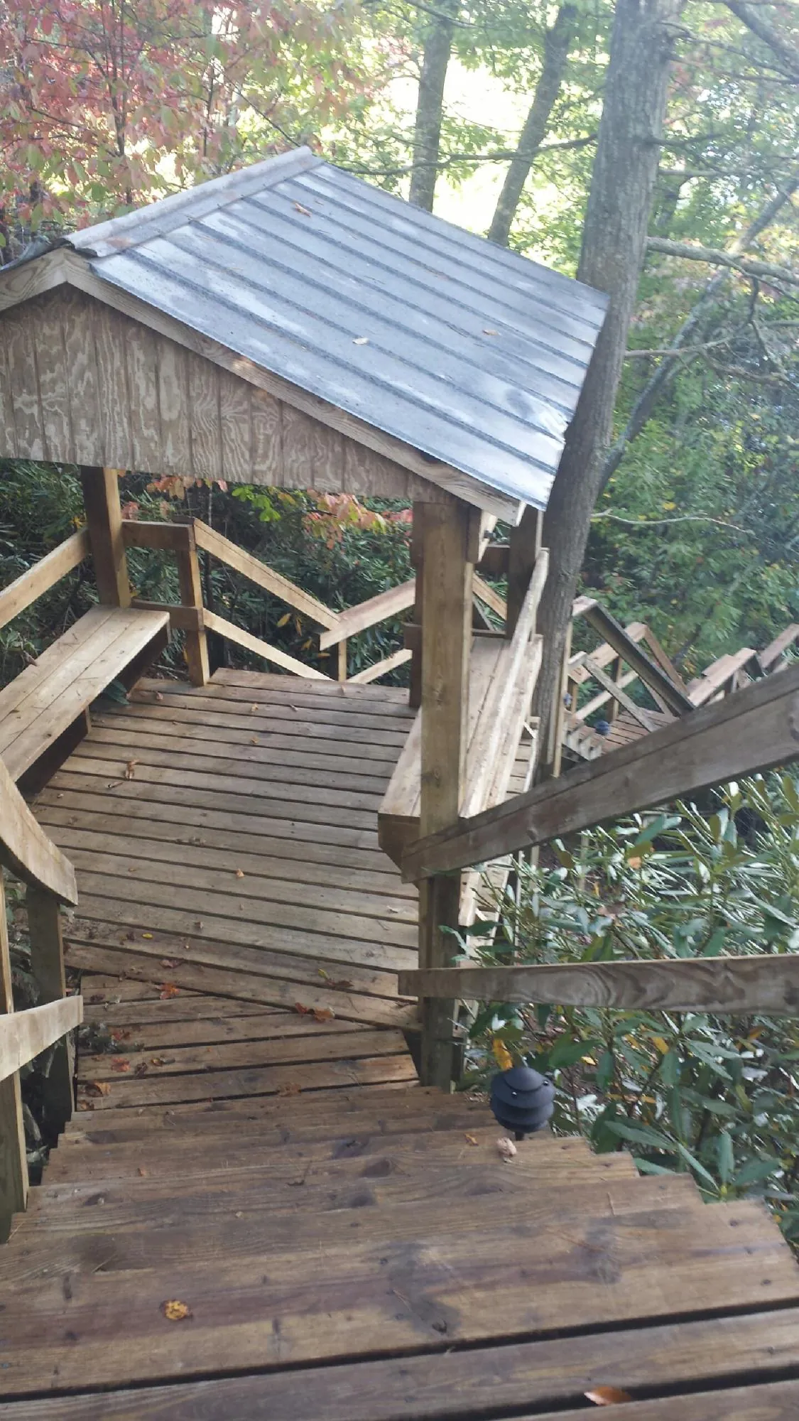 Metal roofed shelter over wooden steps on a wooded walkway — Skylight Repair & Installation work by our crew in Taft